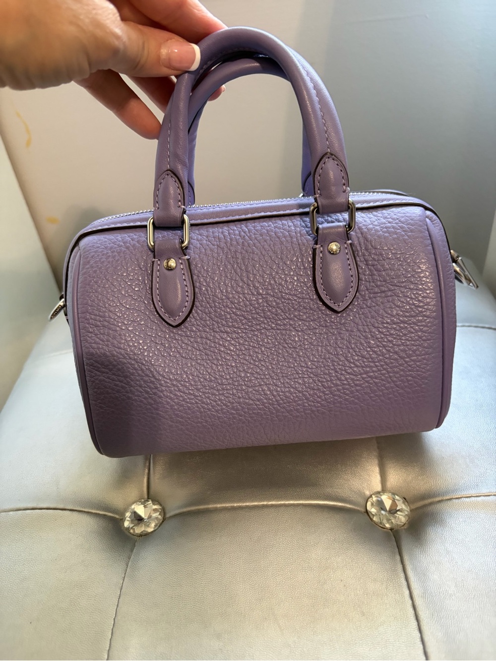 COACH Mini Rowan Pebbled Leather Satchel in Lilac purple new with key charm - Picture 3 of 8